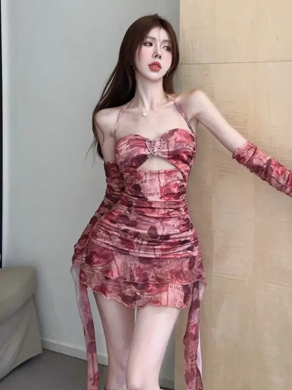 Rose Newspaper Print Love Iron Ring Tassels Dress for Women